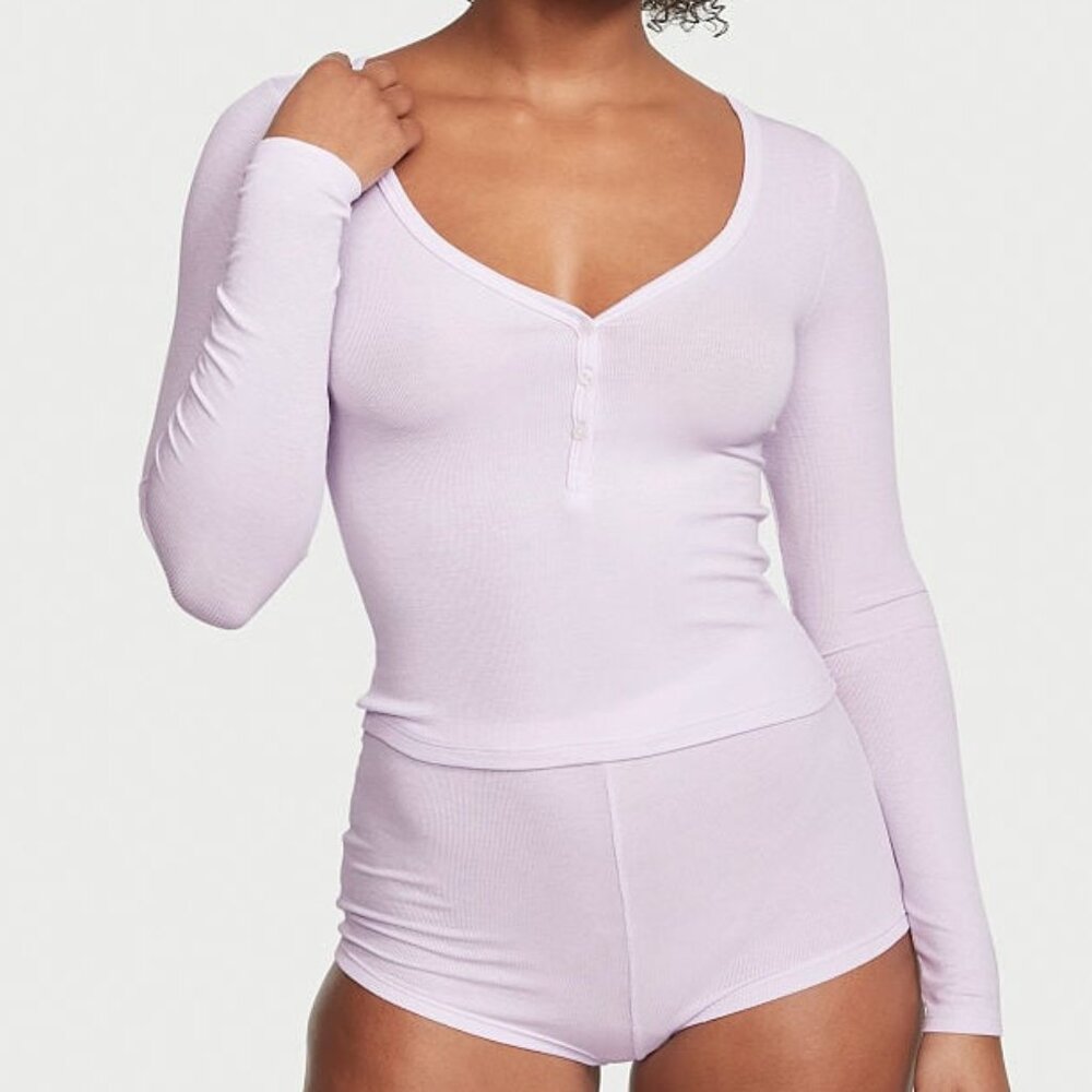 VICTORIA'S SECRET L Ribbed Modal Henley Short Pajama Set Purple So Comfy NWT - Picture 7 of 12